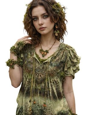 Energe One World Green Patterned Blouse Size XL Dark Fairy Goblincore Forest